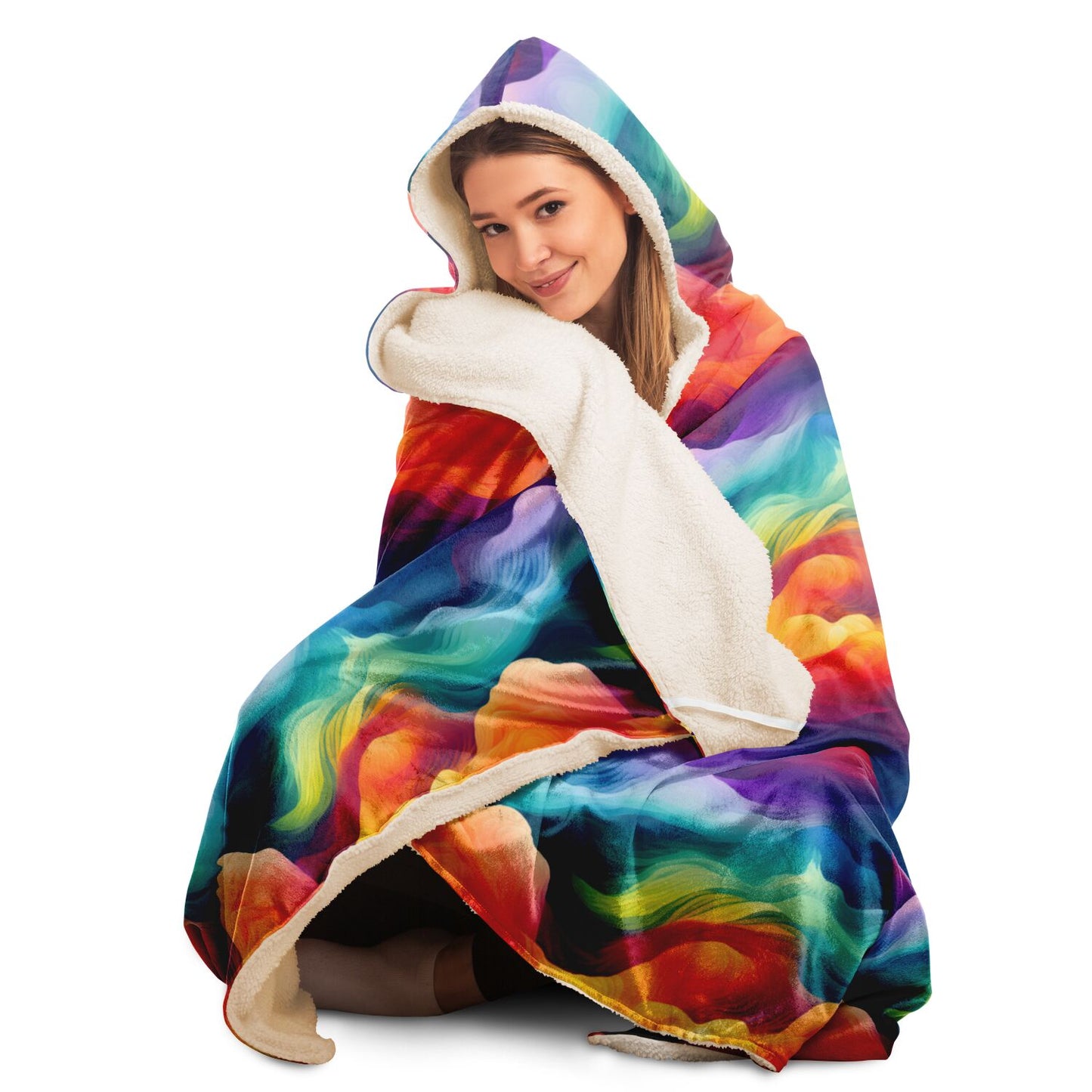 Radiant Rainbow Waves Hooded Blanket