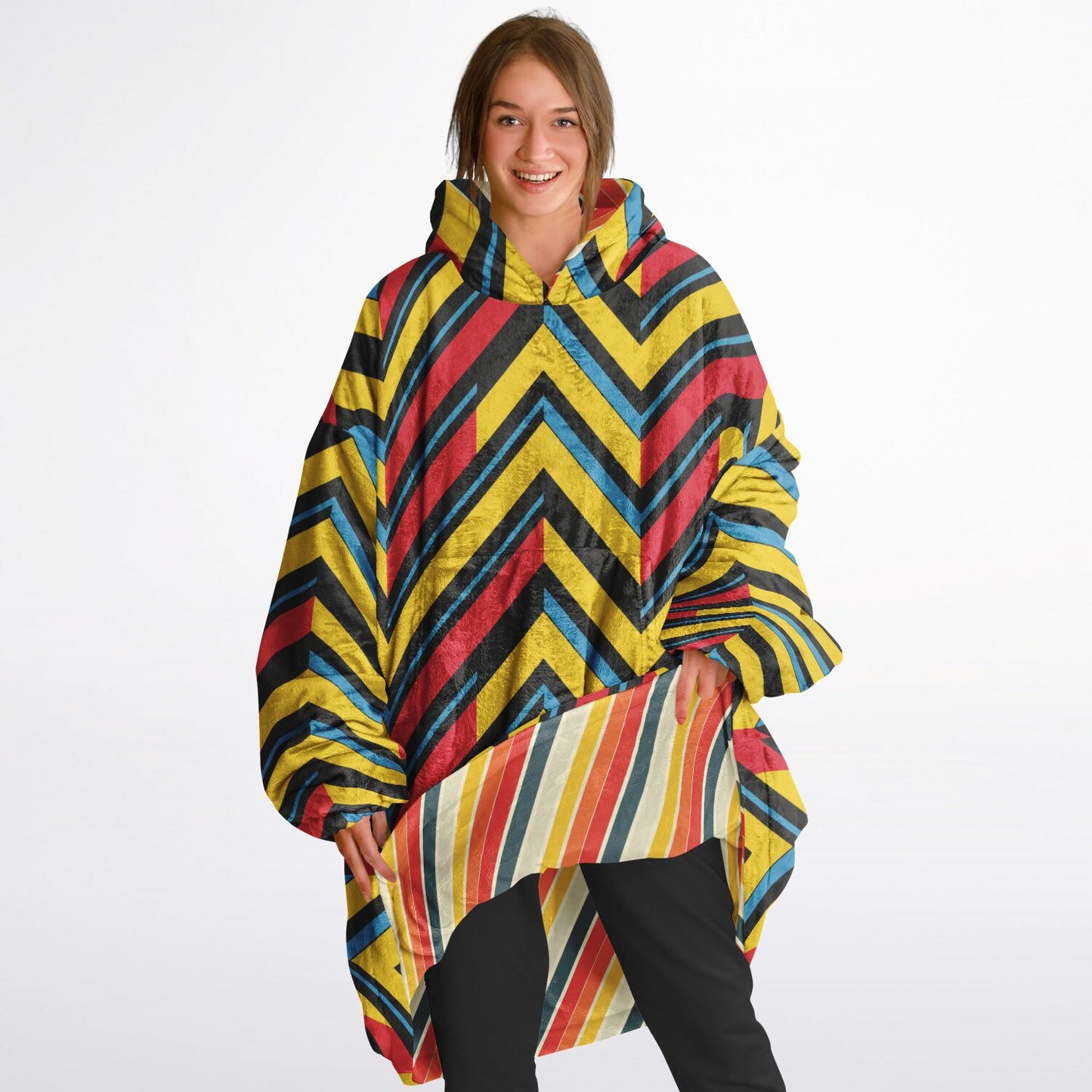 Reversible Snug Hoodie - Multicolor Stripes and Chevron Designs - AOP