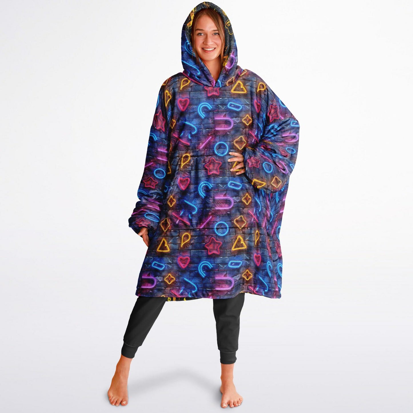 Reversible Snug Hoodie - Neon Lights and Cosmic Patterns Design - AOP