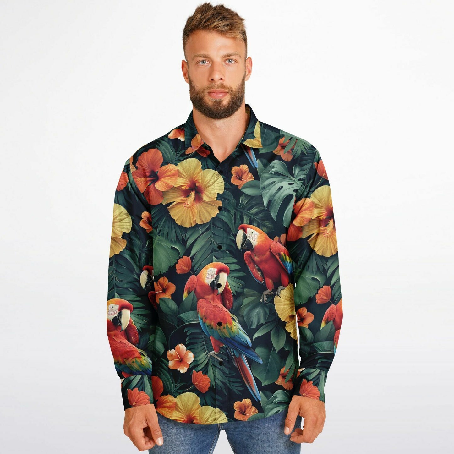 Tropical Parrot and Hibiscus Long Sleeve Button Down Shirt