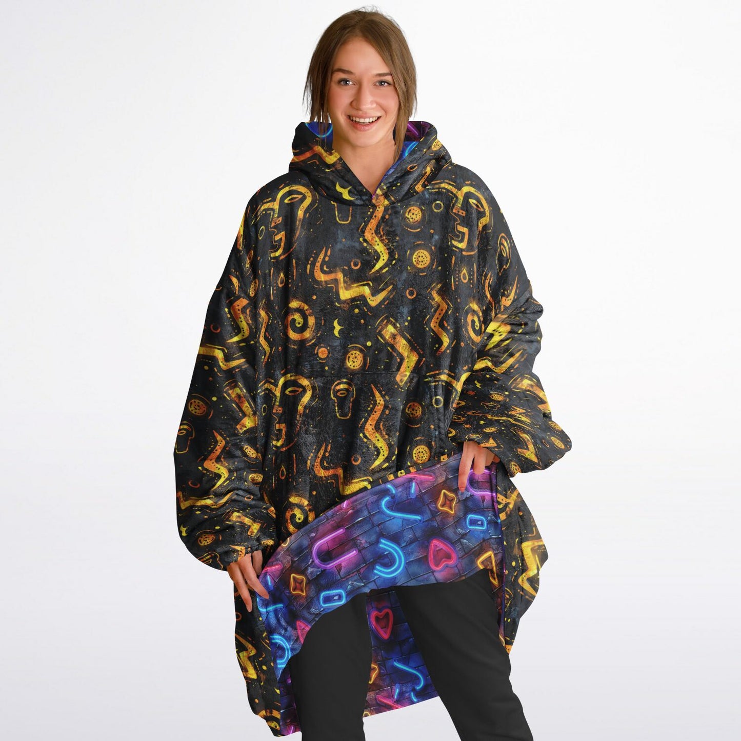 Reversible Snug Hoodie - Neon Lights and Cosmic Patterns Design - AOP