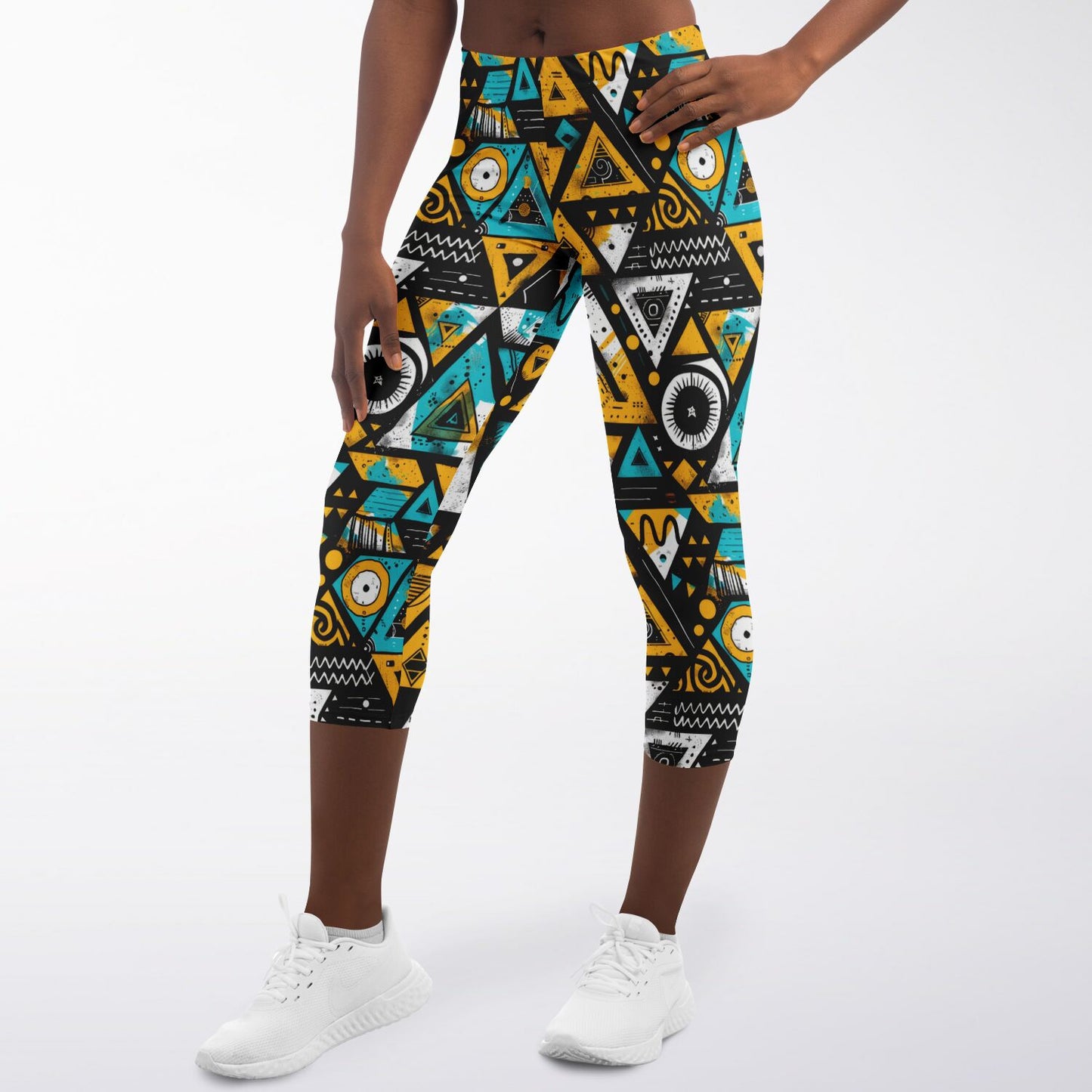 Geometric Tribal High-Waisted Capri Leggings for Bold and Stylish Activewear - AOP