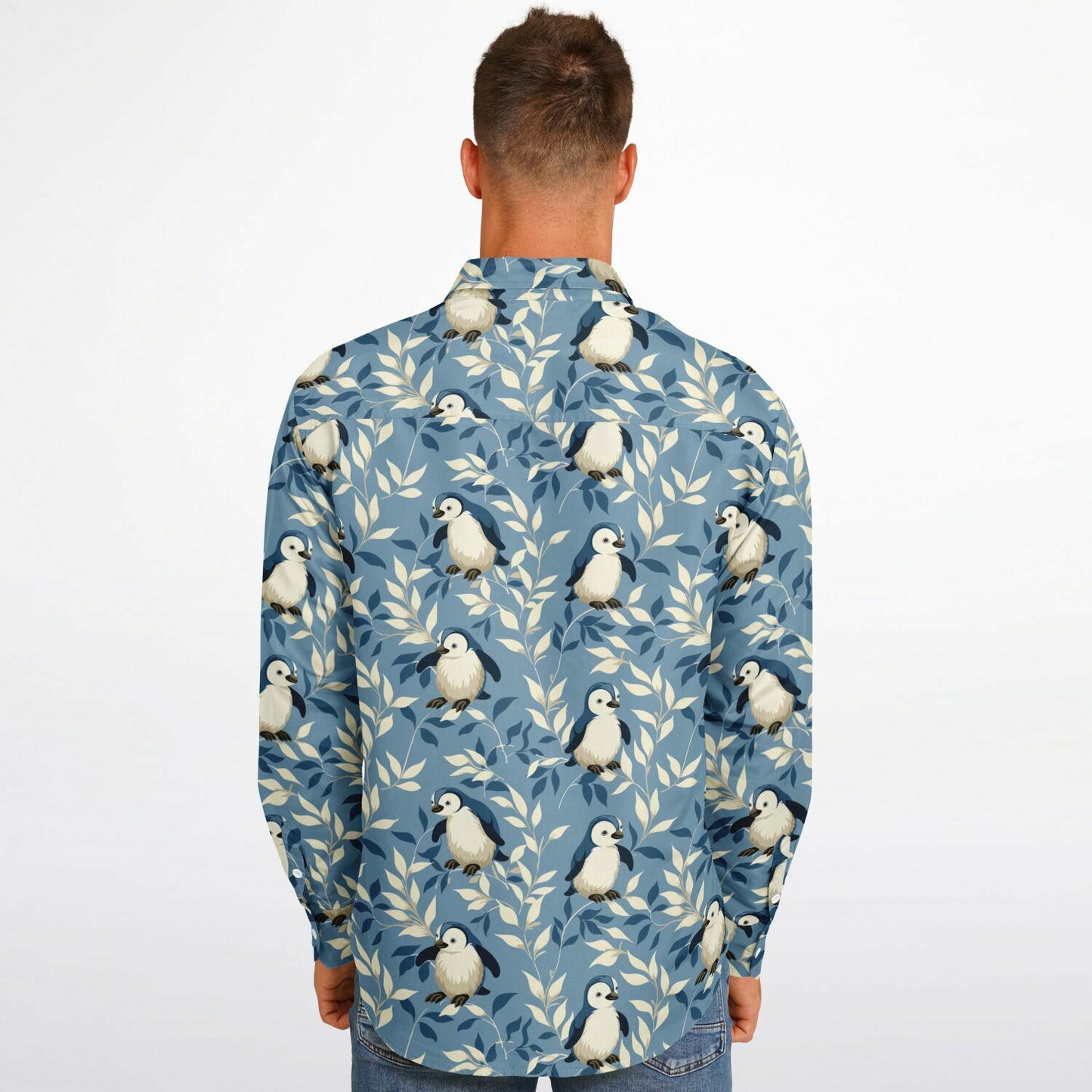 Penguin Pattern Long Sleeve Button Down Shirt