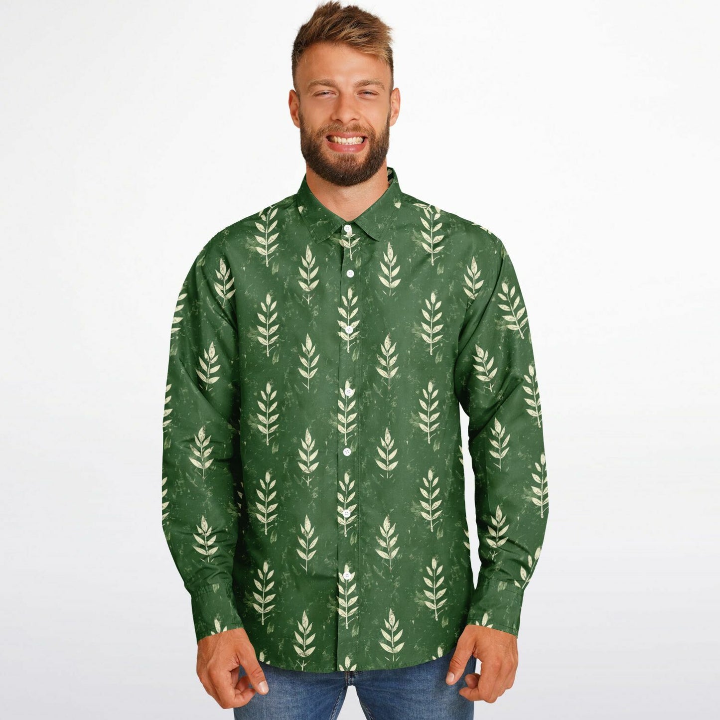 Nature-Inspired Leaf Print Long Sleeve Button Down Shirt