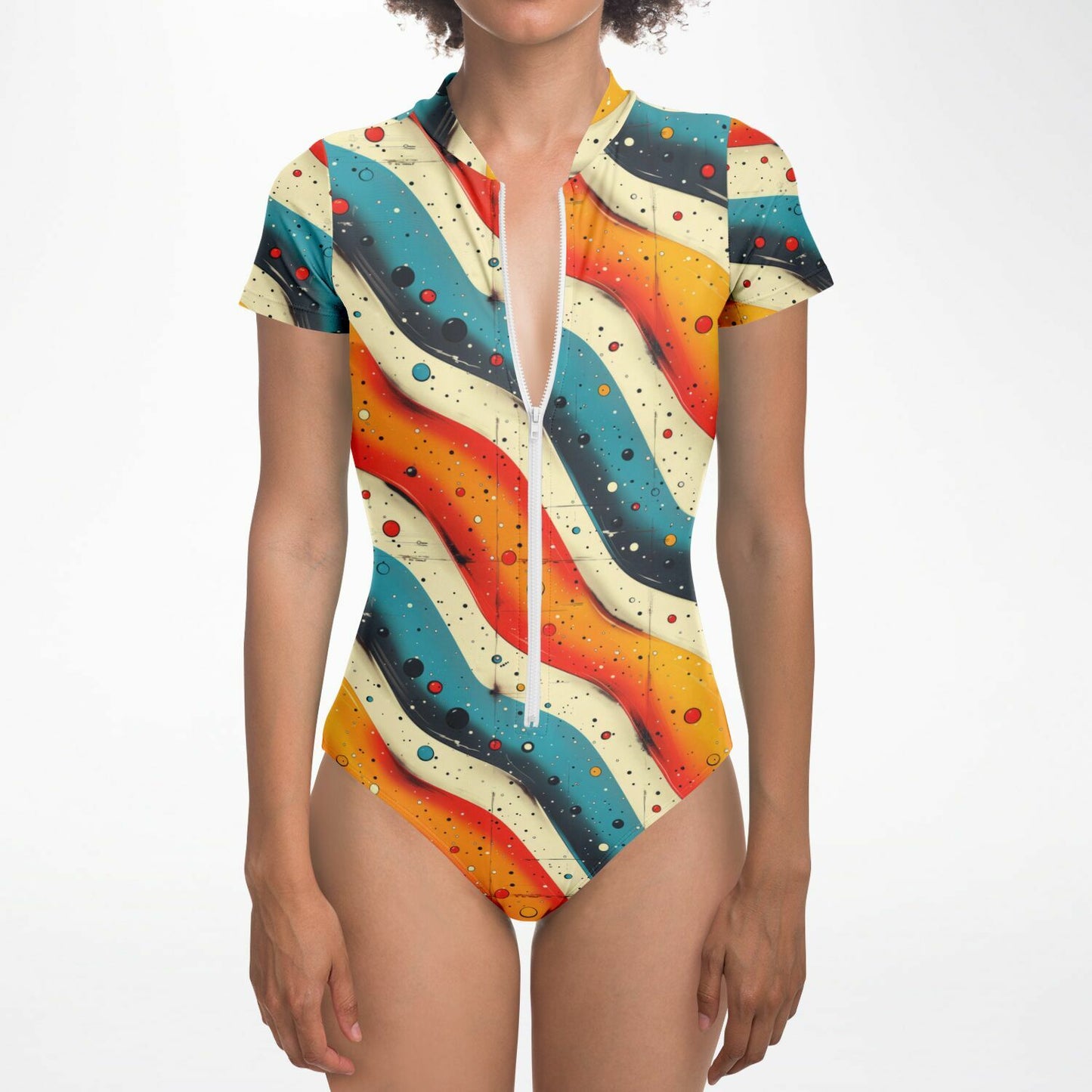 Retro Wave Pattern Women's Short-Sleeve Swimsuit - AOP