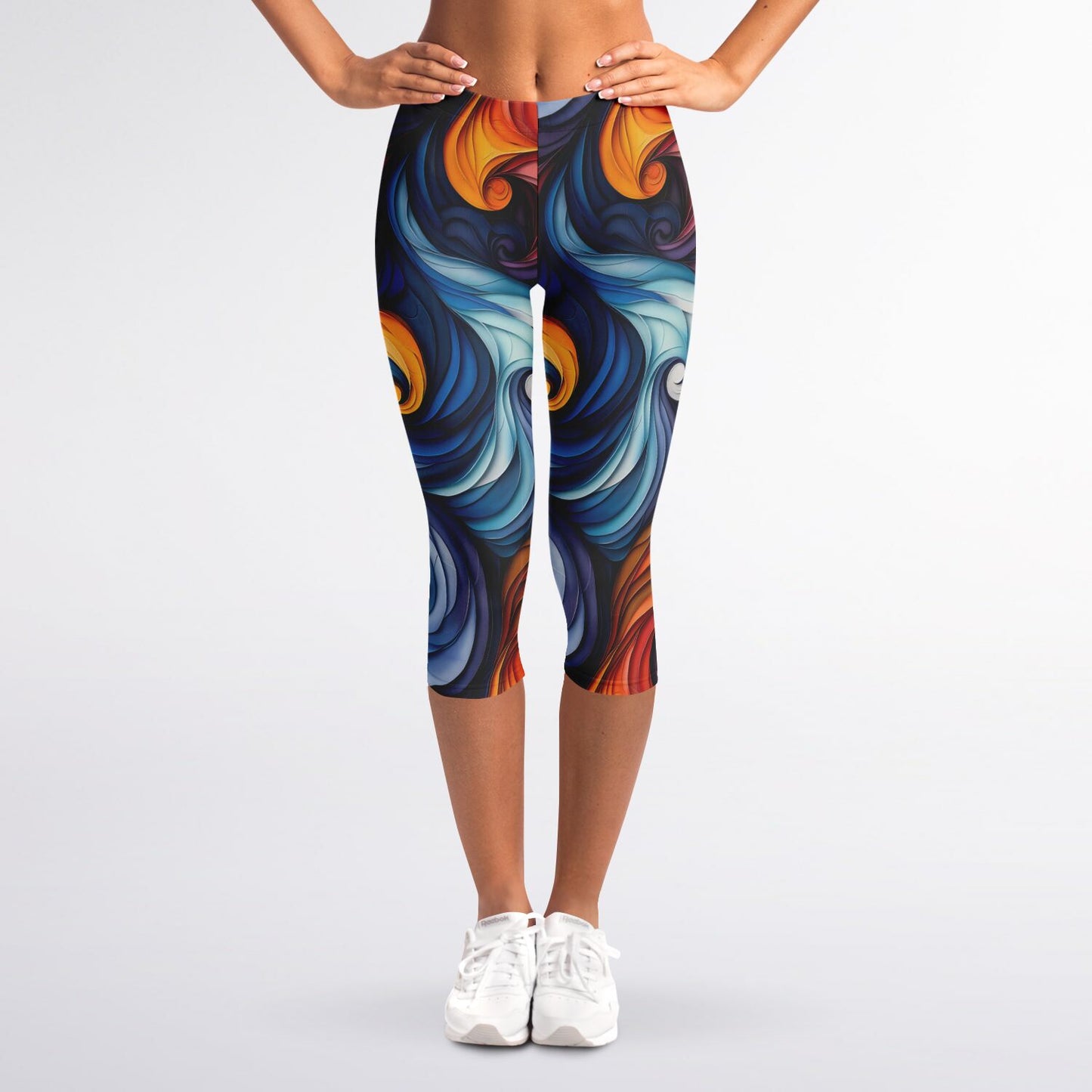 Vibrant Swirl High-Waisted Capri Leggings for Energetic Activewear - AOP