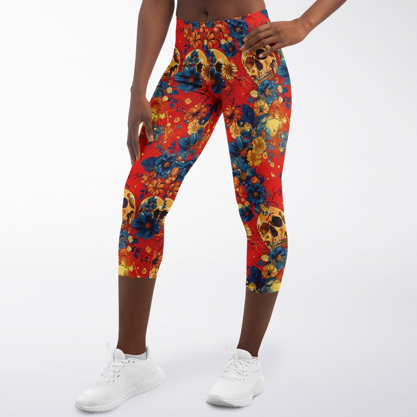 Floral Skull High-Waisted Capri Leggings for Edgy Activewear - AOP