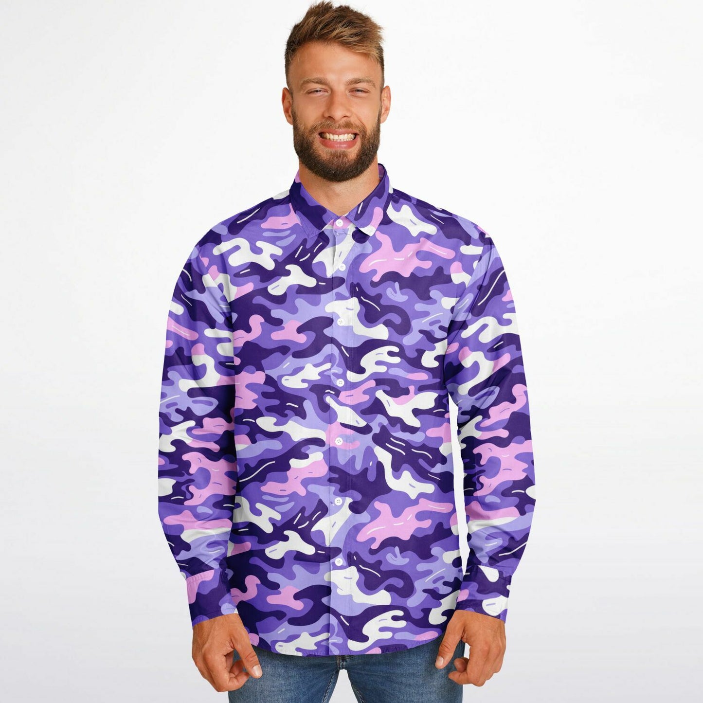 Bold Purple Camo Long Sleeve Button Down Shirt