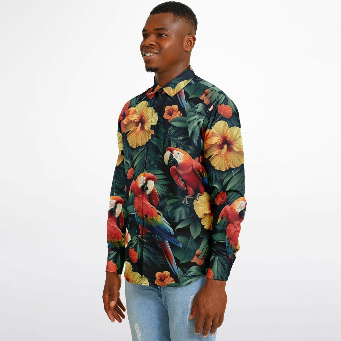 Tropical Parrot and Hibiscus Long Sleeve Button Down Shirt