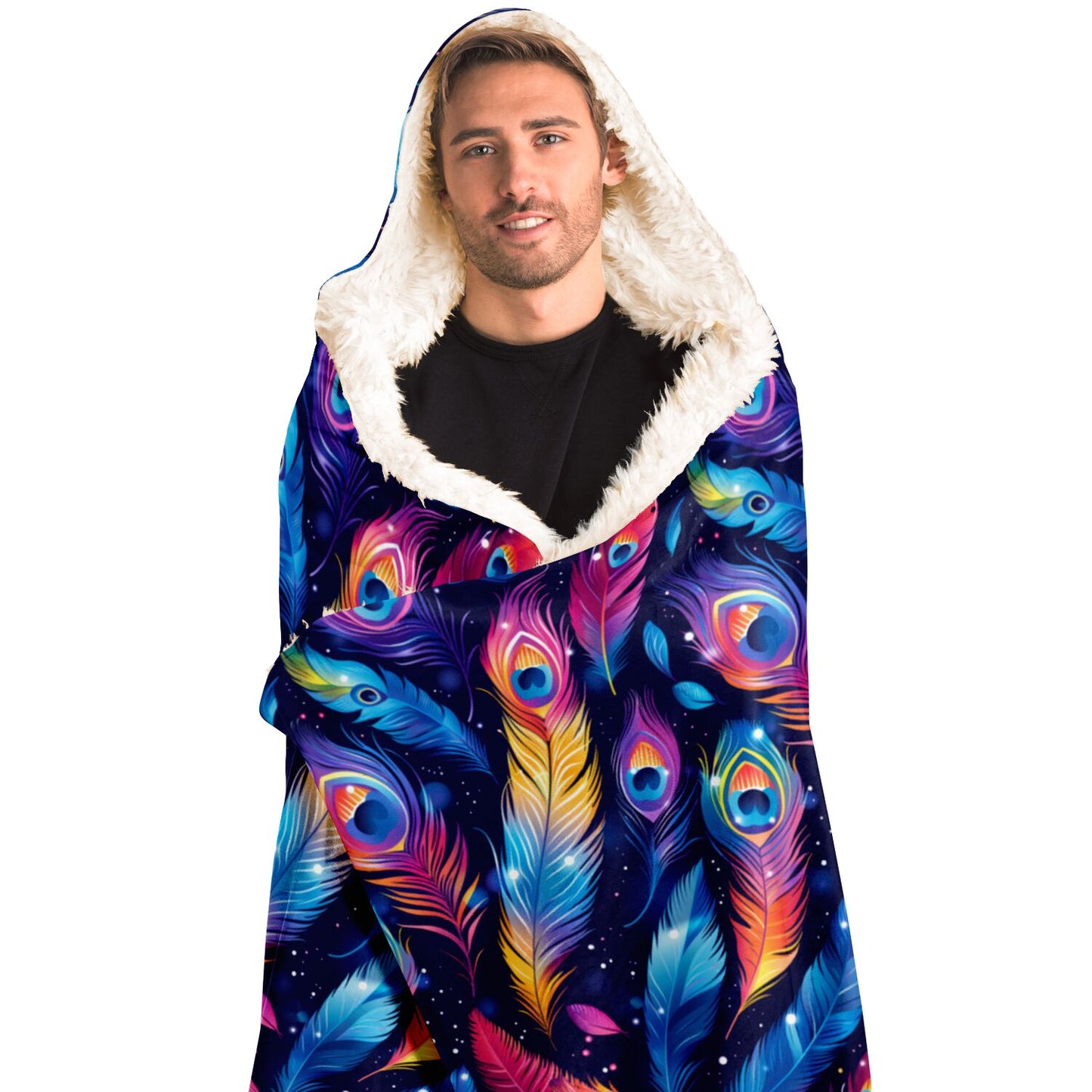 Cosy Peacock Feather Hooded Blanket