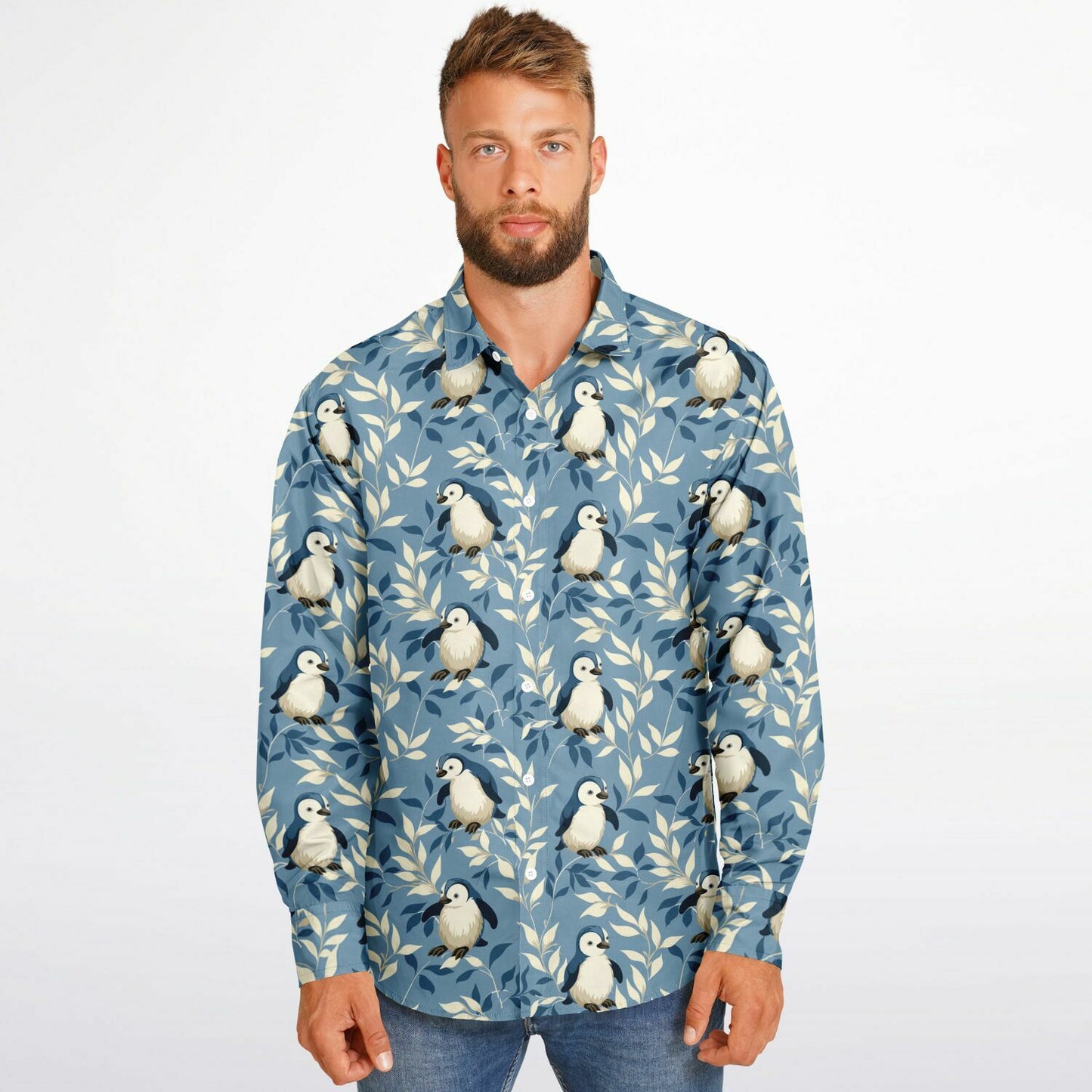 Penguin Pattern Long Sleeve Button Down Shirt