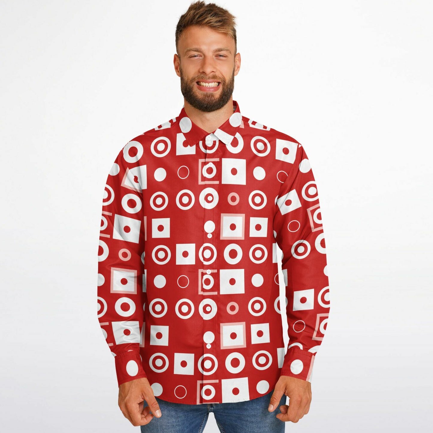 Bold Red Geometric Pattern Long Sleeve Button Down Shirt