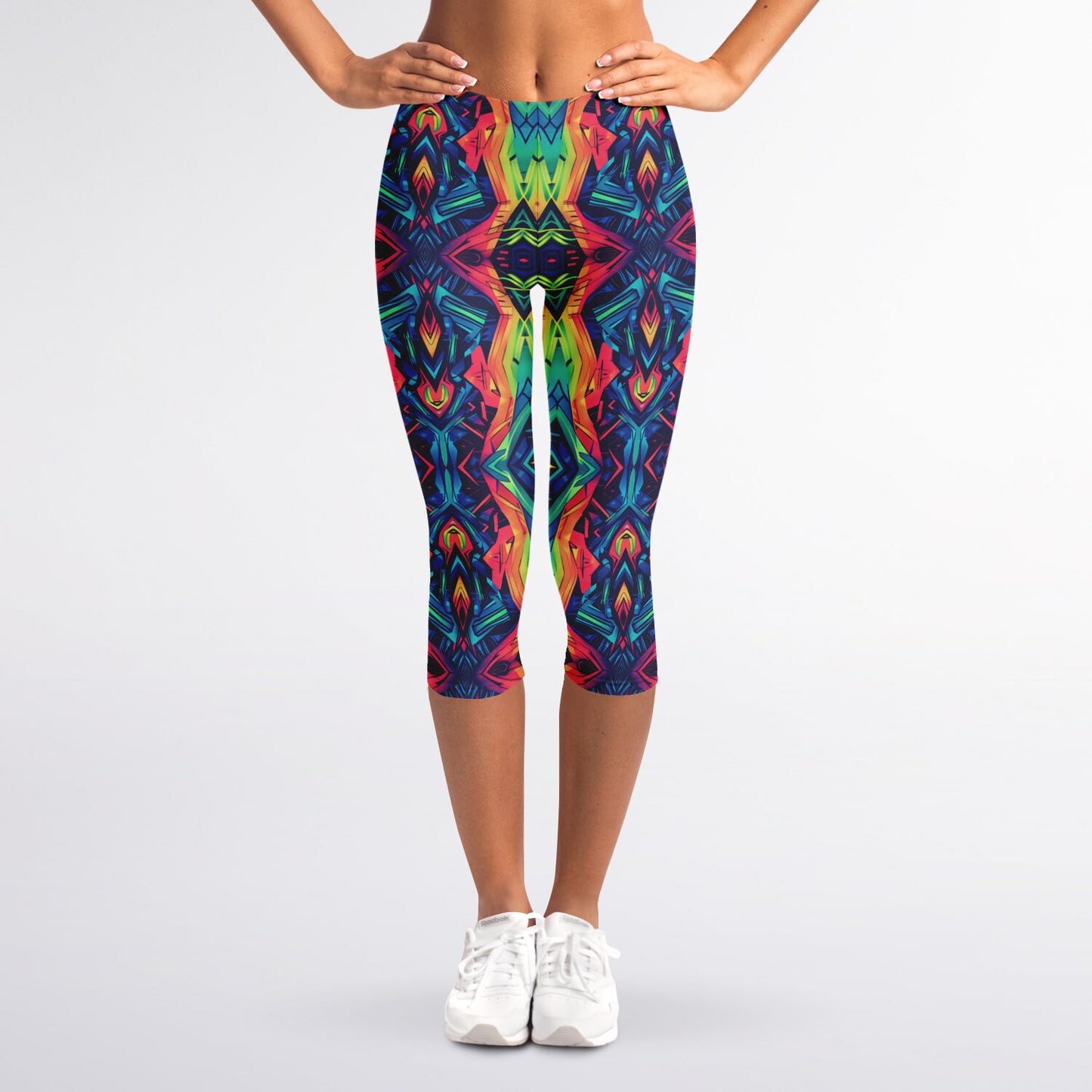 Psychedelic Kaleidoscope High-Waisted Capri Leggings for Vibrant Activewear - AOP