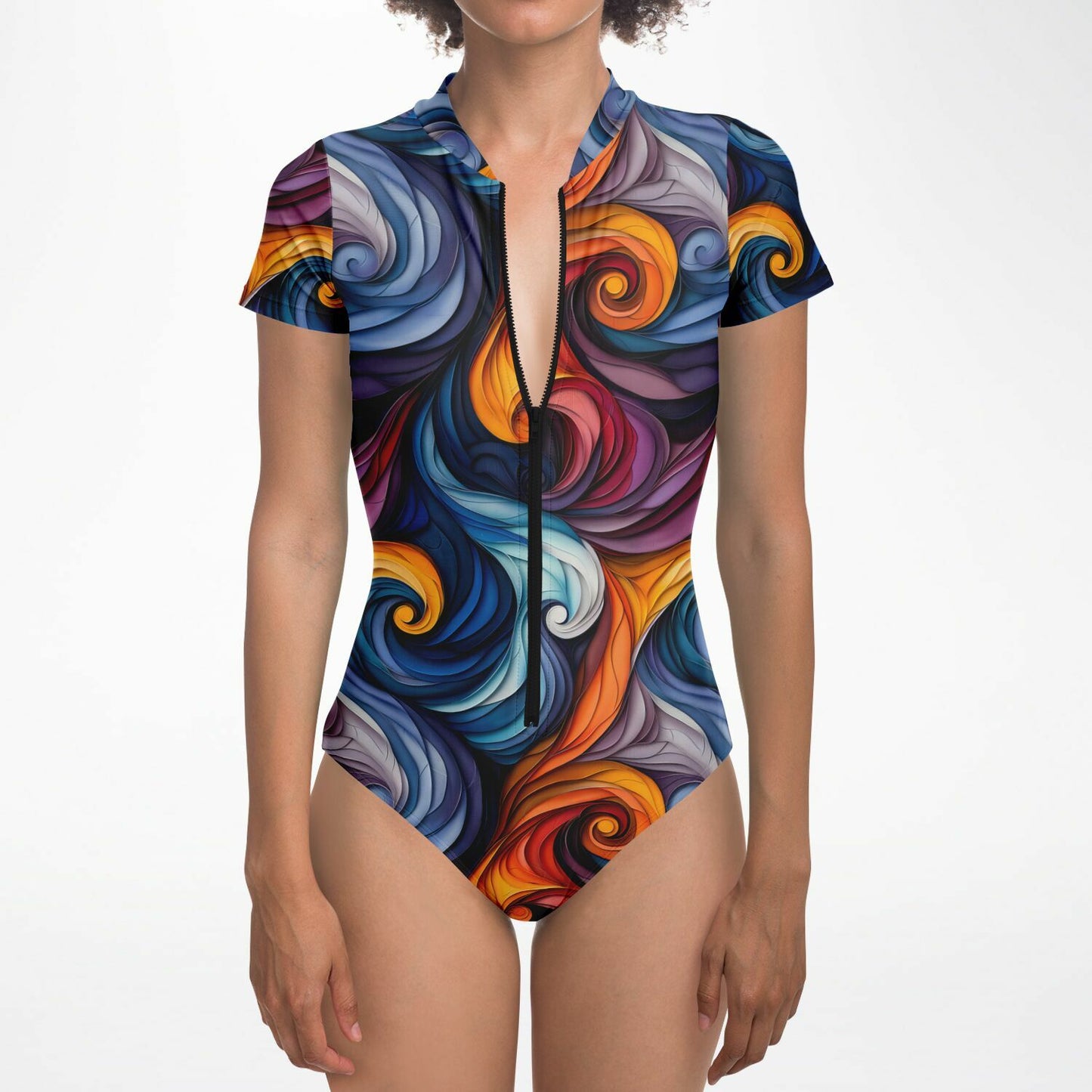 Vibrant Swirl Pattern Women's Short-Sleeve Swimsuit - AOP