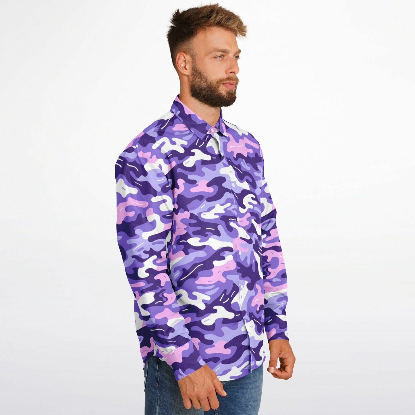 Bold Purple Camo Long Sleeve Button Down Shirt