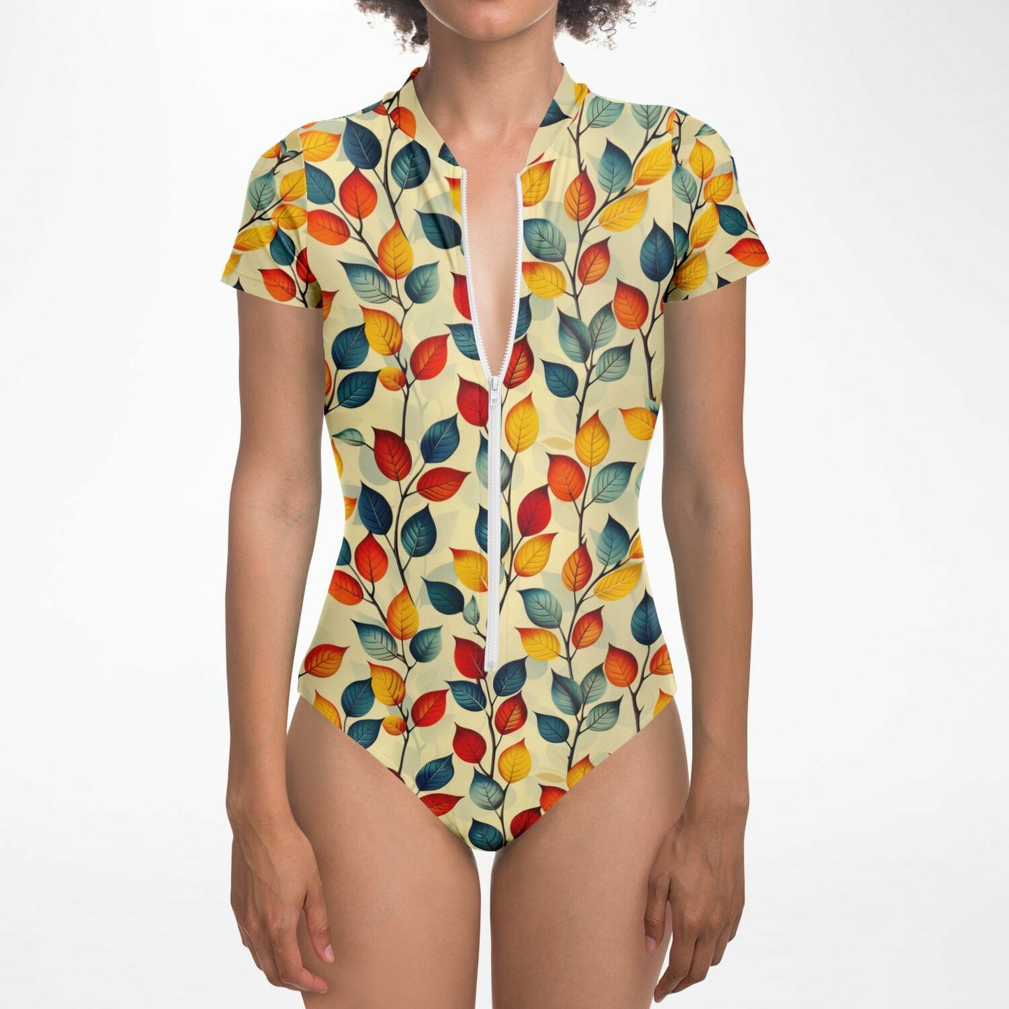 Autumn Leaves Pattern Women's Short-Sleeve Swimsuit - AOP