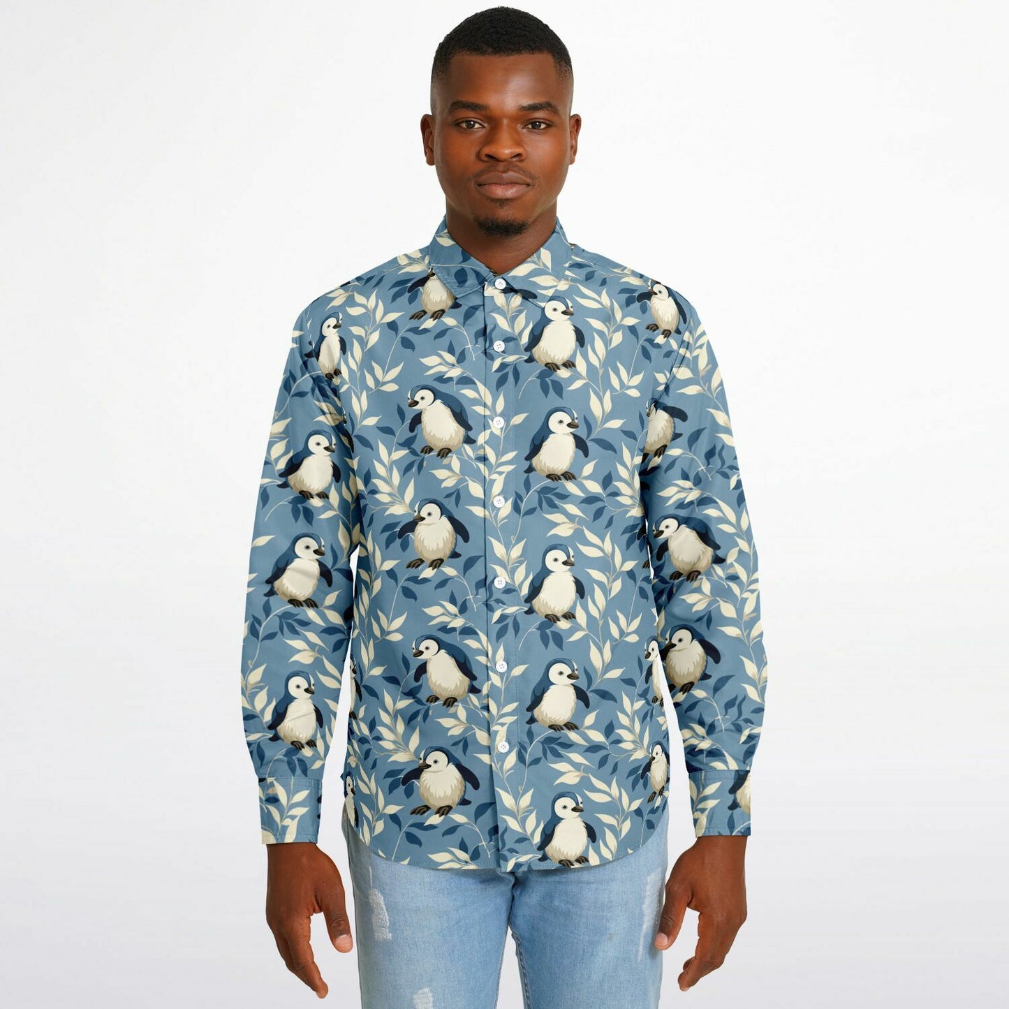 Penguin Pattern Long Sleeve Button Down Shirt