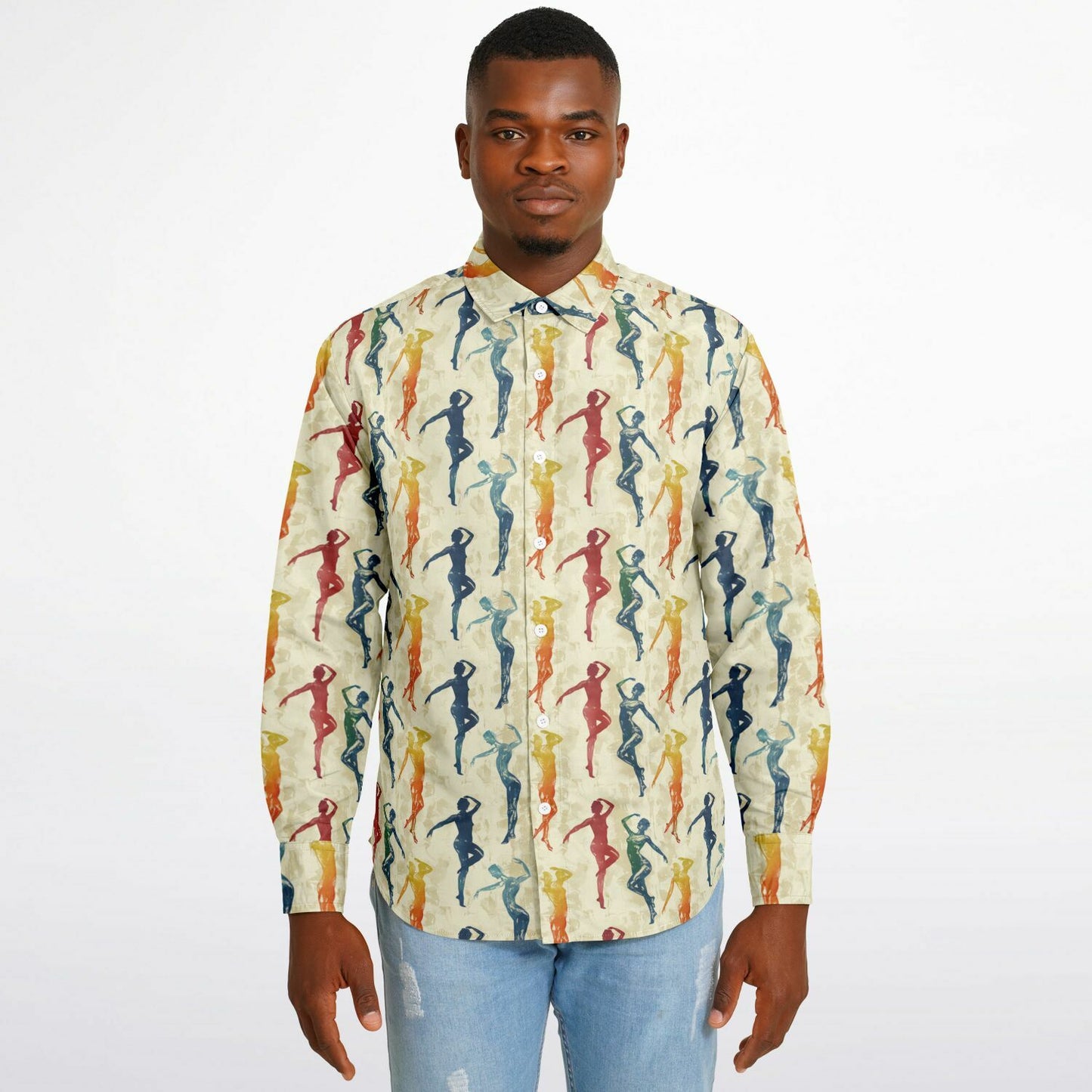 Colorful Silhouette Dance Long Sleeve Button Down Shirt