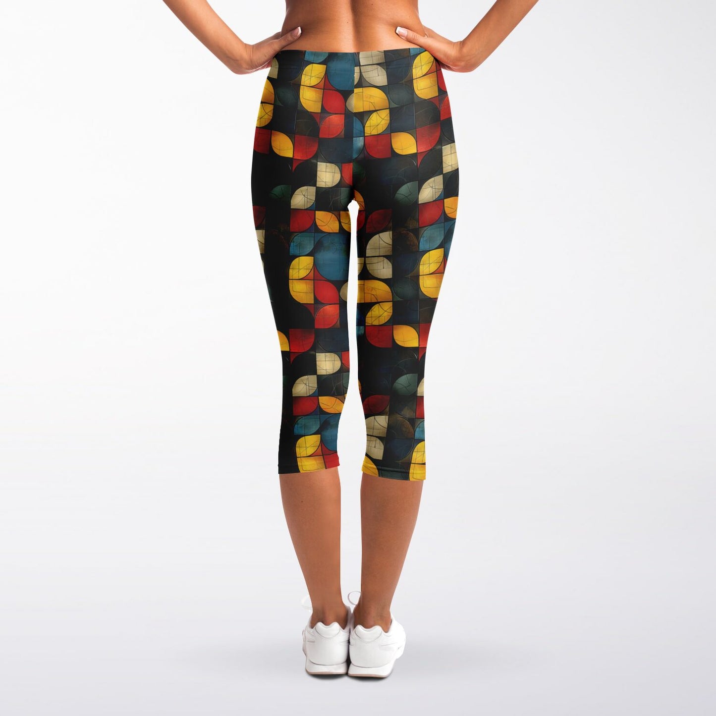 Retro Geometric High-Waisted Capri Leggings for Stylish Activewear - AOP