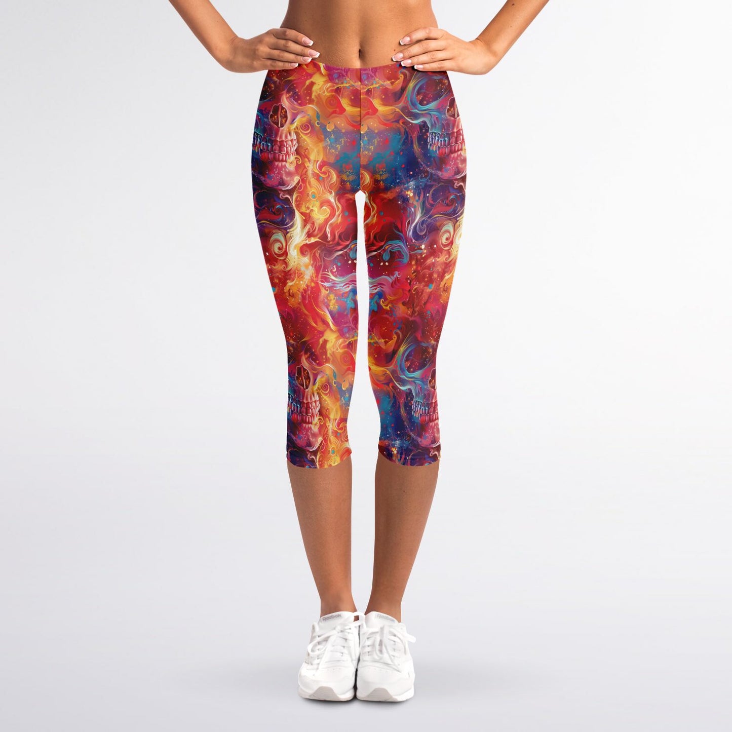 Fiery Skull High-Waisted Capri Leggings for Bold Activewear - AOP