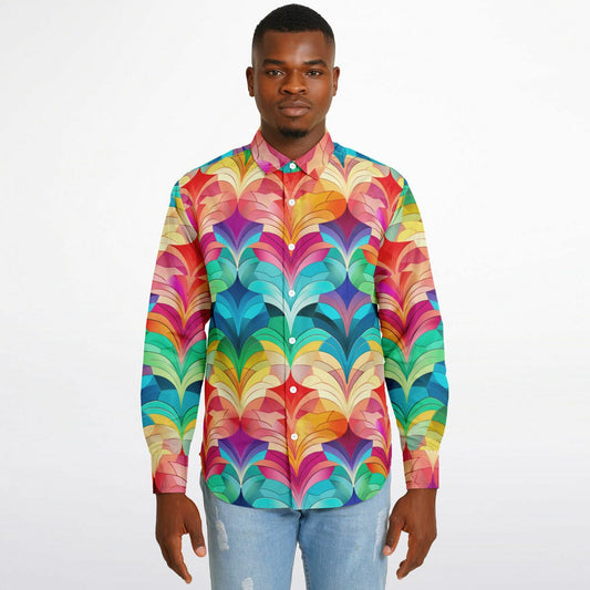 Retro Rainbow Feather Long Sleeve Button Down Shirt